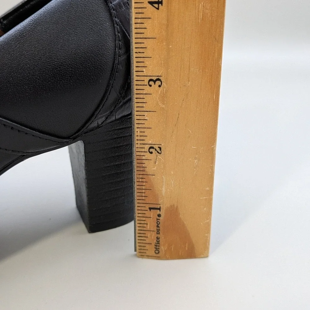Clarks Bendables Black Leather Mary Jane Block Heel Pumps Croc Embossed Size 7M